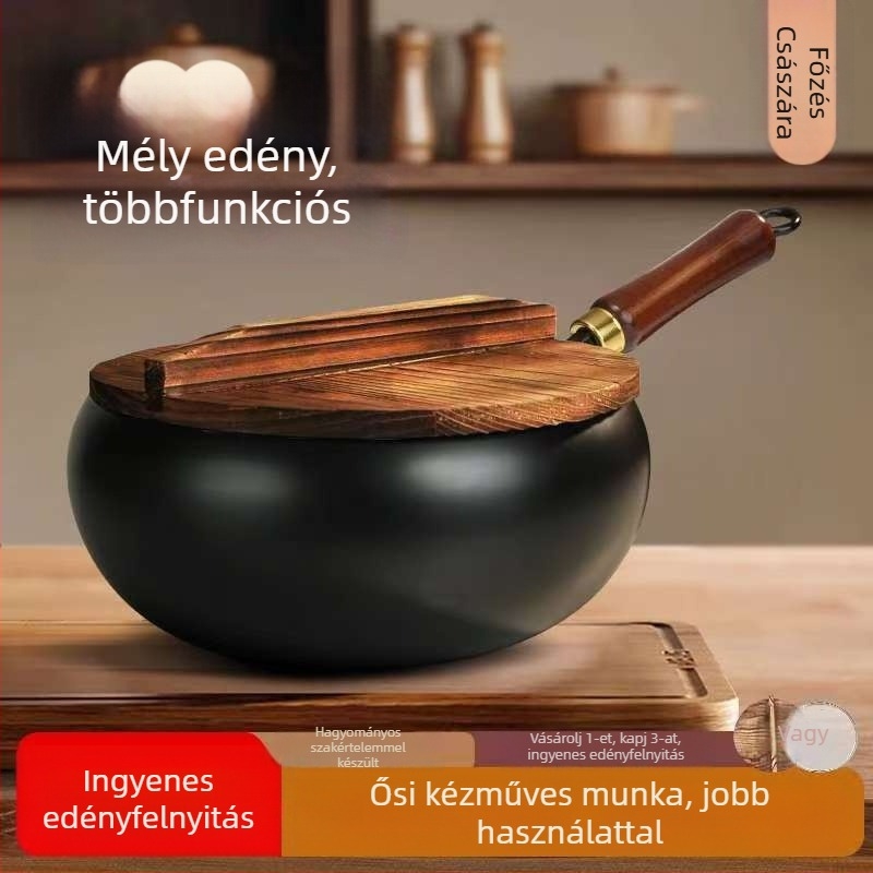 Hiteles hagyományos nagy hasú wok háztartási használatra, tapadásmentes vas serpenyő, lapos aljzattal, vastított