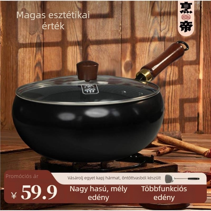 Hiteles hagyományos nagy hasú wok háztartási használatra, tapadásmentes vas serpenyő, lapos aljzattal, vastított