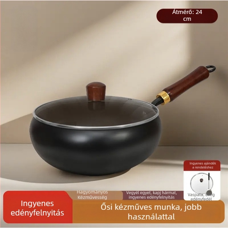 Hiteles hagyományos nagy hasú wok háztartási használatra, tapadásmentes vas serpenyő, lapos aljzattal, vastított