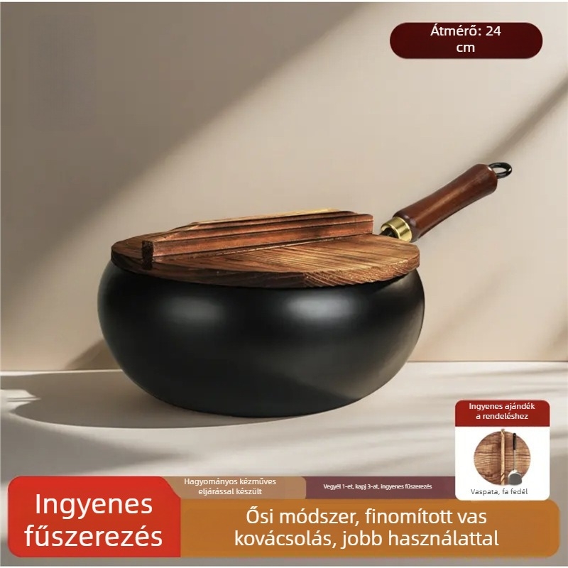 Hiteles hagyományos nagy hasú wok háztartási használatra, tapadásmentes vas serpenyő, lapos aljzattal, vastított