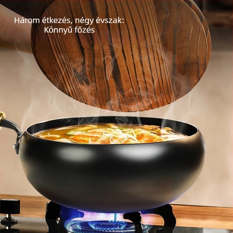 Hiteles hagyományos nagy hasú wok háztartási használatra, tapadásmentes vas serpenyő, lapos aljzattal, vastított