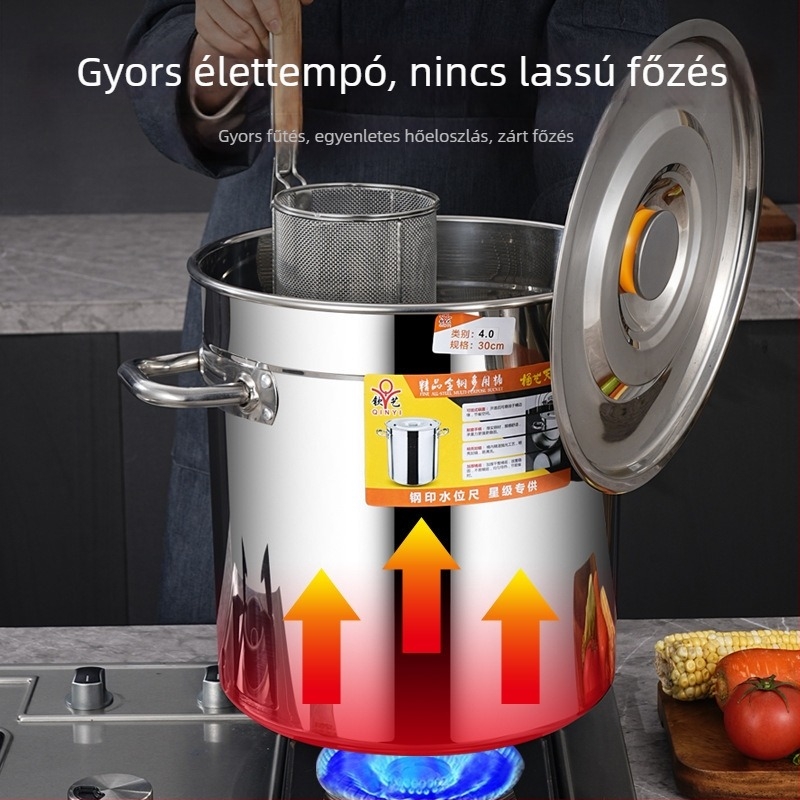 Rozsdamentes acél levesüst fedővel, nagy kapacitású, indukciós főzőlaphoz