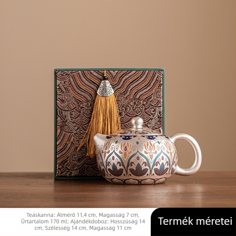 Dunhuang Xishi aranyozott ezüst teáskészlet — egy teáskanna és két csésze