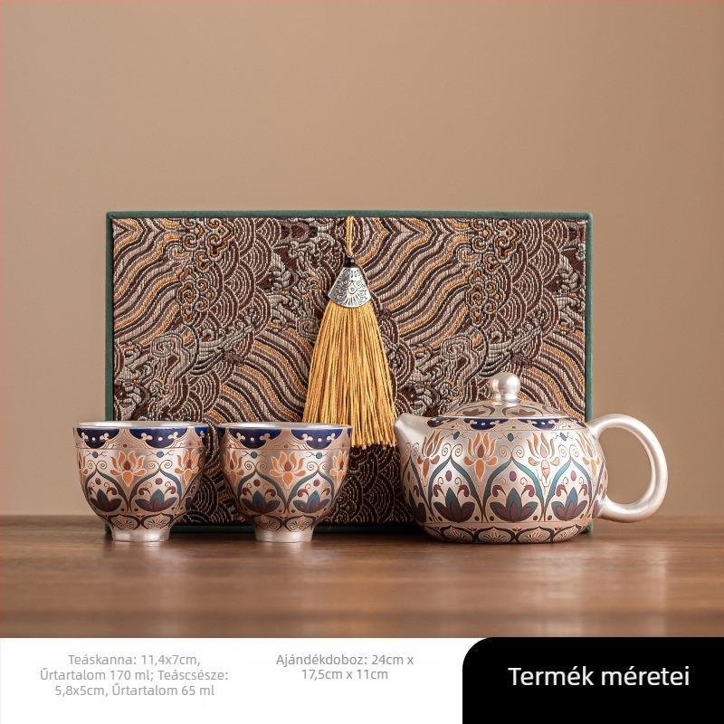 Dunhuang Xishi aranyozott ezüst teáskészlet — egy teáskanna és két csésze