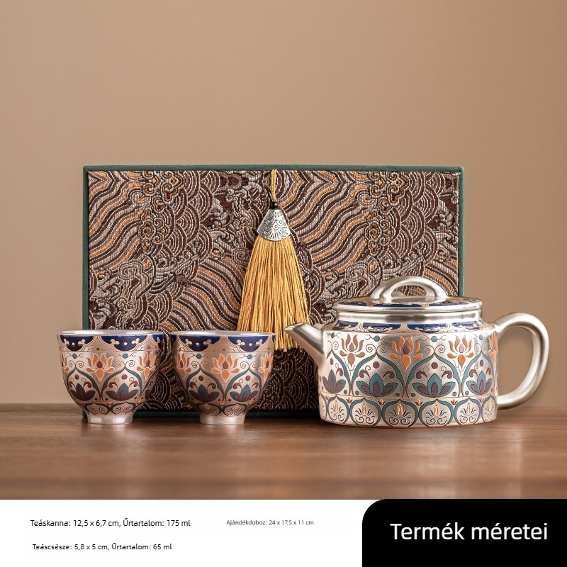 Dunhuang Xishi aranyozott ezüst teáskészlet — egy teáskanna és két csésze