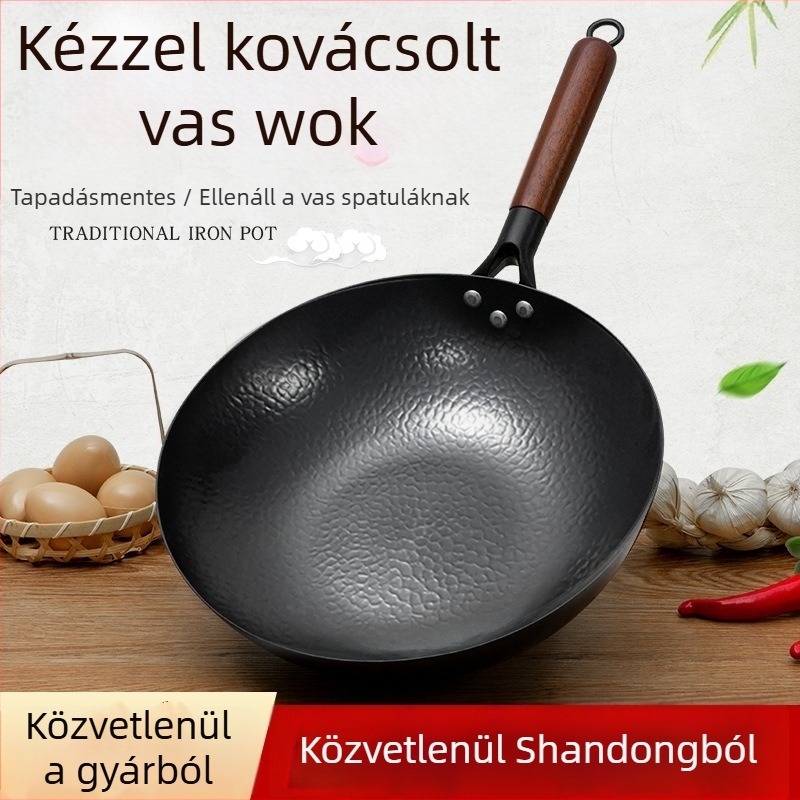 Kézzel kovácsolt vas wok lapos alappal, hagyományos otthoni serpenyő, kompatibil indukciós és gáztűzhellyel, bevonat nélküli