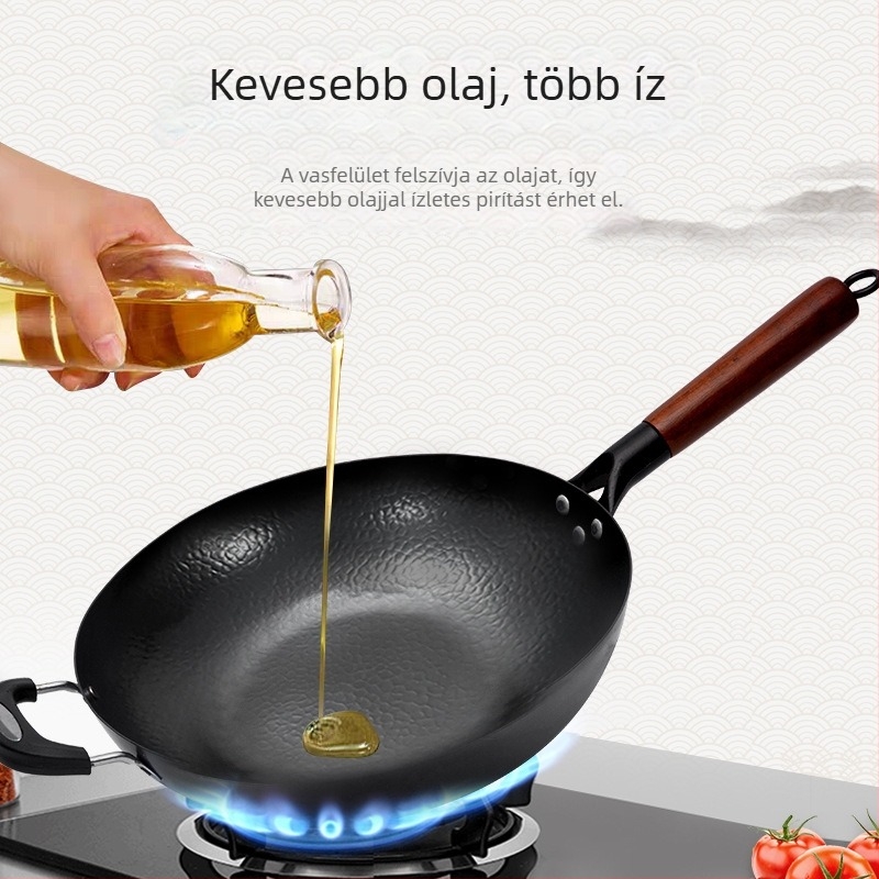 Kézzel kovácsolt vas wok lapos alappal, hagyományos otthoni serpenyő, kompatibil indukciós és gáztűzhellyel, bevonat nélküli