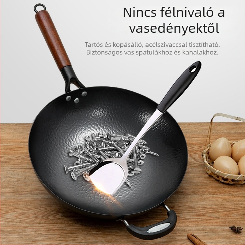 Kézzel kovácsolt vas wok lapos alappal, hagyományos otthoni serpenyő, kompatibil indukciós és gáztűzhellyel, bevonat nélküli