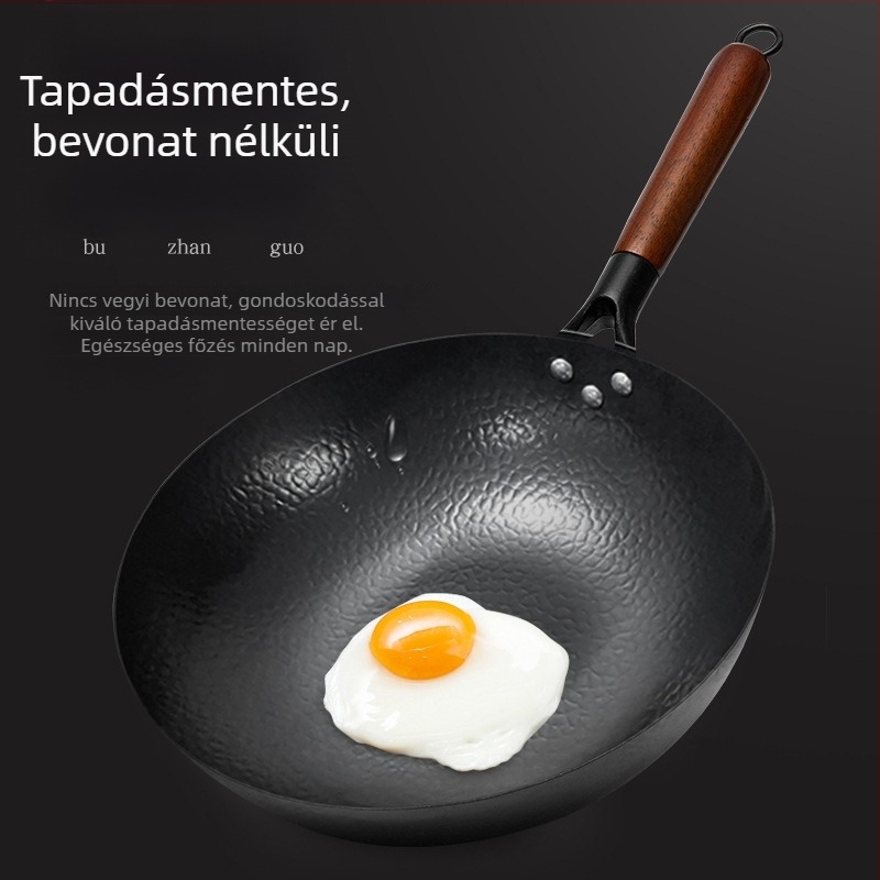 Kézzel kovácsolt vas wok lapos alappal, hagyományos otthoni serpenyő, kompatibil indukciós és gáztűzhellyel, bevonat nélküli