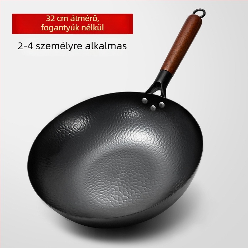 Kézzel kovácsolt vas wok lapos alappal, hagyományos otthoni serpenyő, kompatibil indukciós és gáztűzhellyel, bevonat nélküli