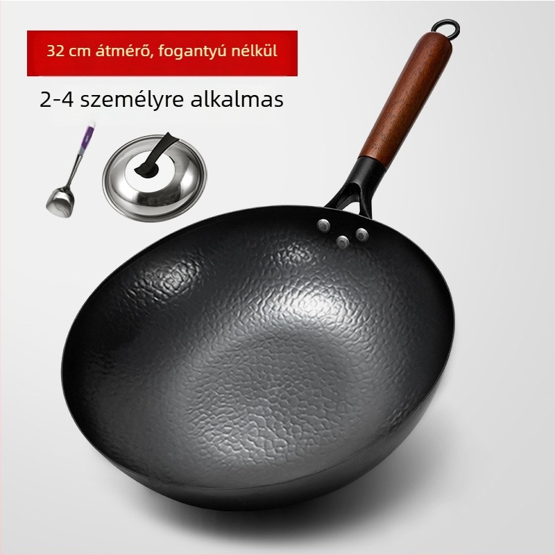 Kézzel kovácsolt vas wok lapos alappal, hagyományos otthoni serpenyő, kompatibil indukciós és gáztűzhellyel, bevonat nélküli