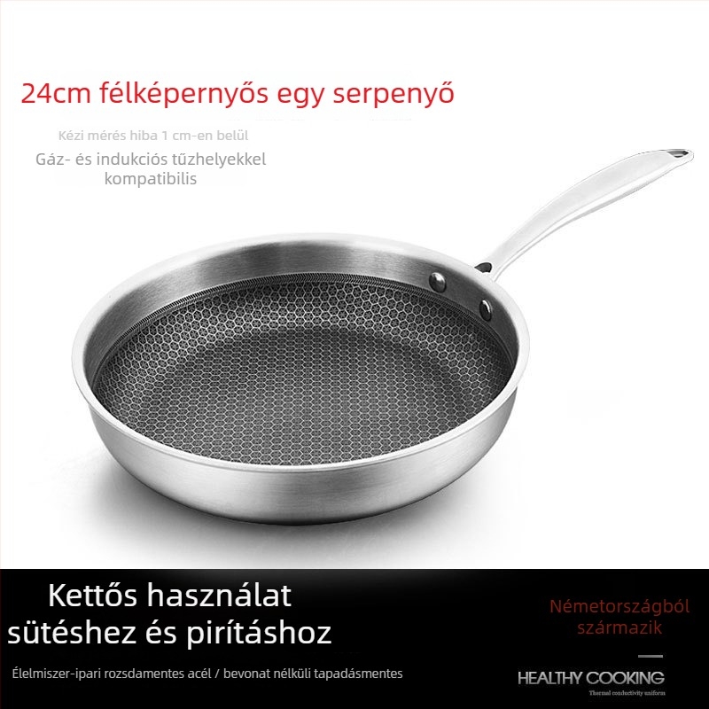 Nem tapadó serpenyő rozsdamentes acélból, méhsejt mintázattal, univerzális serpenyő tűzhelyekhez, egyenletes hőeloszlás