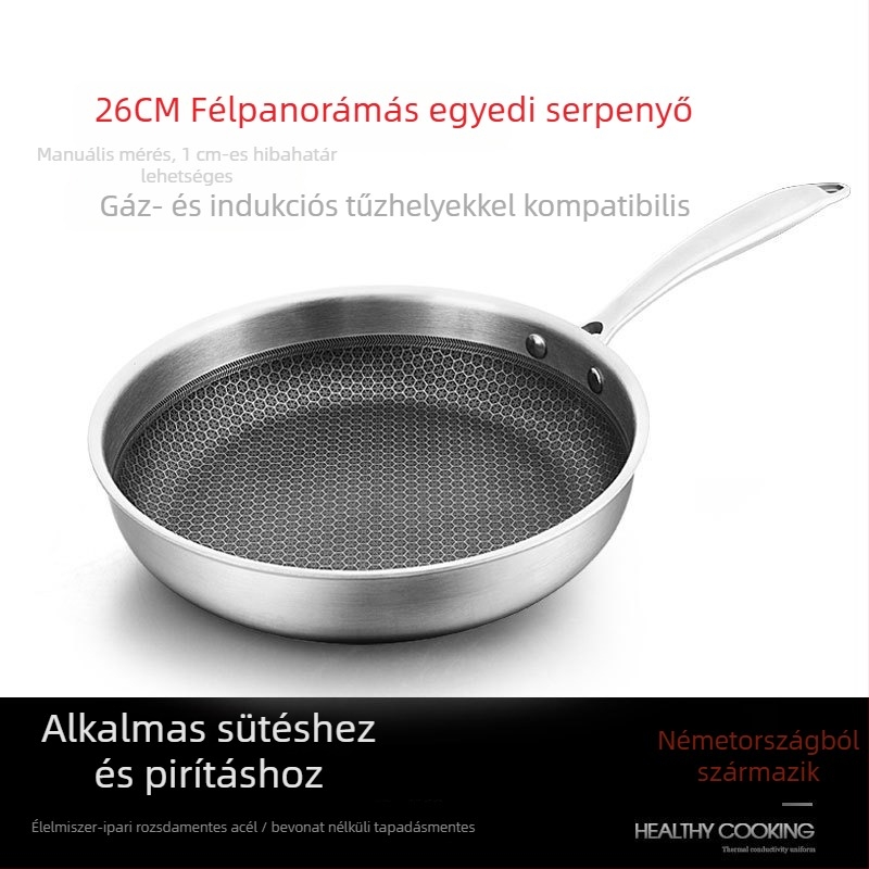Nem tapadó serpenyő rozsdamentes acélból, méhsejt mintázattal, univerzális serpenyő tűzhelyekhez, egyenletes hőeloszlás