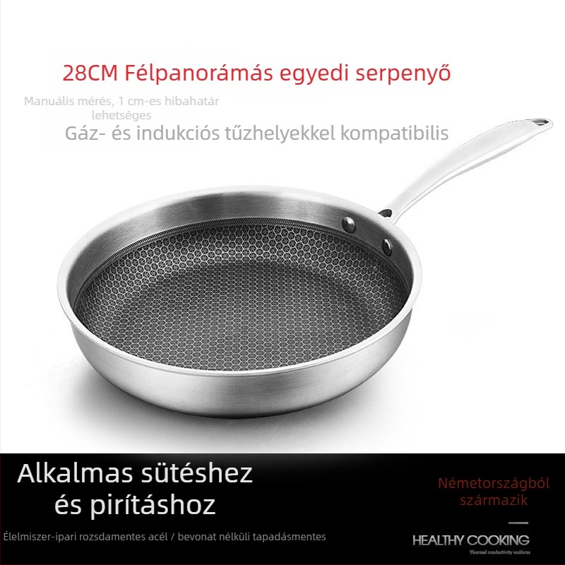 Nem tapadó serpenyő rozsdamentes acélból, méhsejt mintázattal, univerzális serpenyő tűzhelyekhez, egyenletes hőeloszlás