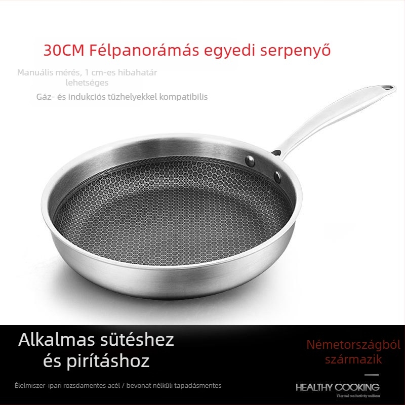 Nem tapadó serpenyő rozsdamentes acélból, méhsejt mintázattal, univerzális serpenyő tűzhelyekhez, egyenletes hőeloszlás