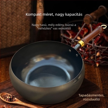 Kézzel kovácsolt vas wok, autentikus ősi stílusban, nagy hasú, lapos aljzattal, bevonat nélküli