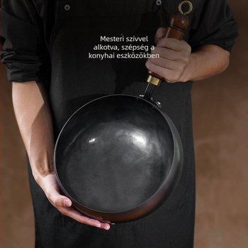Kézzel kovácsolt vas wok, autentikus ősi stílusban, nagy hasú, lapos aljzattal, bevonat nélküli
