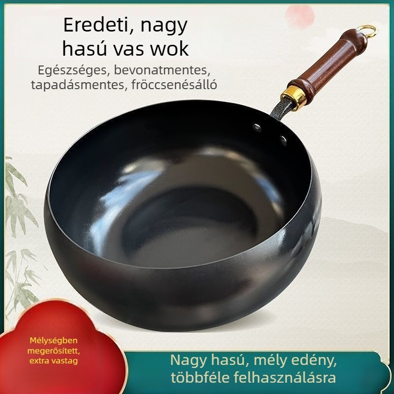 Kézzel kovácsolt vas wok, autentikus ősi stílusban, nagy hasú, lapos aljzattal, bevonat nélküli