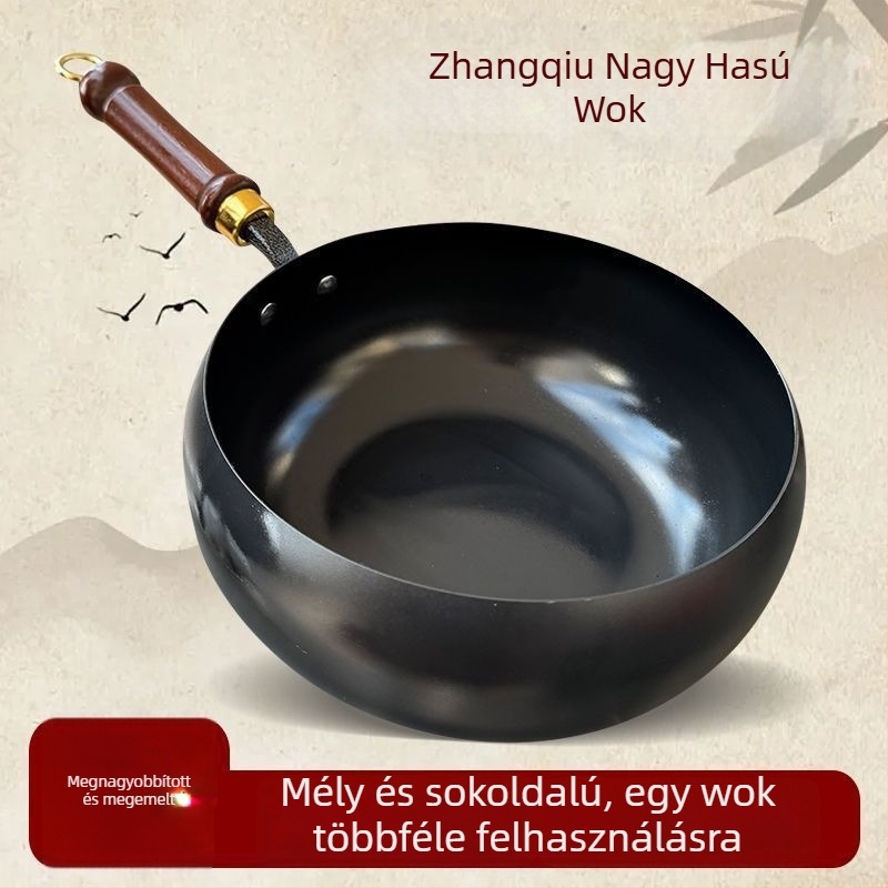 Kézzel kovácsolt vas wok, autentikus ősi stílusban, nagy hasú, lapos aljzattal, bevonat nélküli