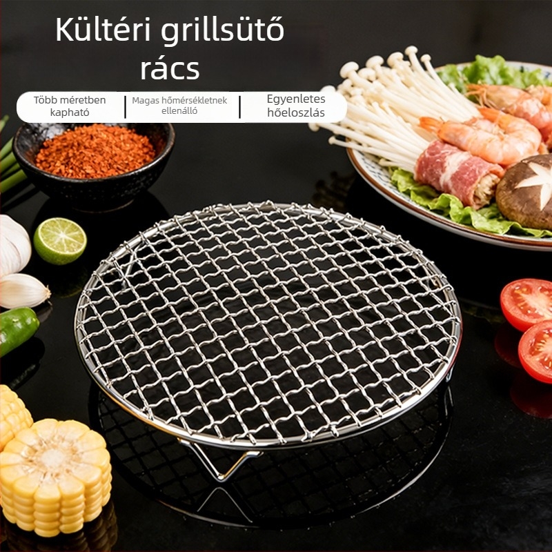 Rozsdamentes acélból készült kör alakú grillsütő lábakkal, állvány légsütőhöz, olajcsepegtető háló, pároló rács és húsokhoz alkalmas sütőalap