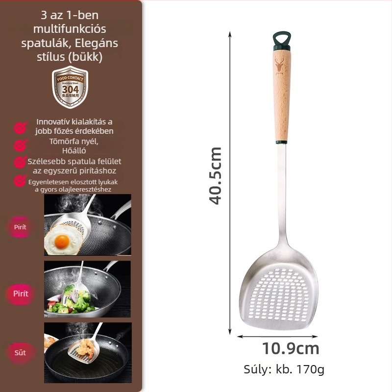 304 rozsdamentes acél spatula fa nyéllel, háztartási használatra, hosszú nyél