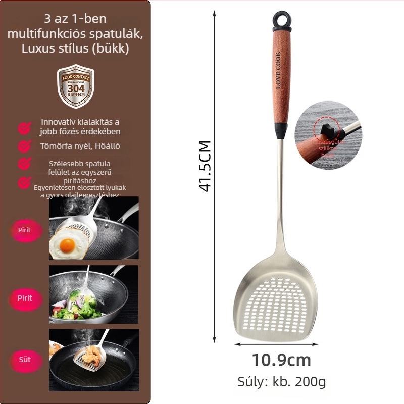 304 rozsdamentes acél spatula fa nyéllel, háztartási használatra, hosszú nyél
