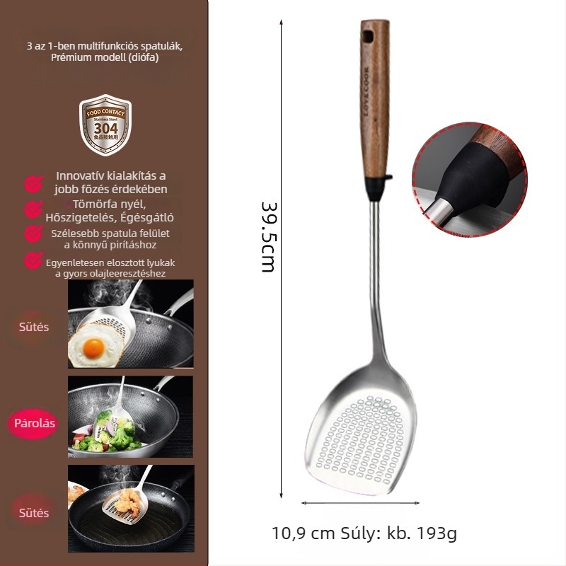 304 rozsdamentes acél spatula fa nyéllel, háztartási használatra, hosszú nyél