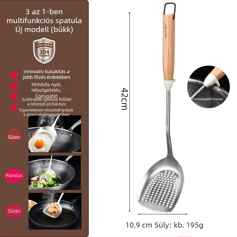 304 rozsdamentes acél spatula fa nyéllel, háztartási használatra, hosszú nyél