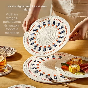 Kör alakú pamut–len anyagból készült étkező alátét pasztell virágmintával, hővédő és égés elleni, multifunkcionális