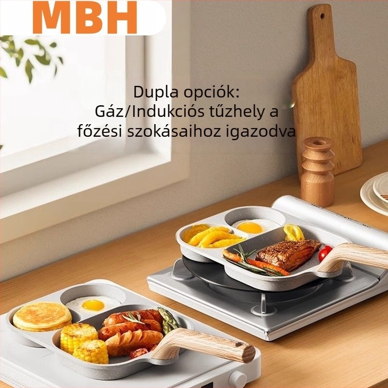 3 az 1-ben reggeliző serpenyő, több rekeszű belső résszel tojások, gombócok és steak számára; tapadásmentes, nagy kapacitású