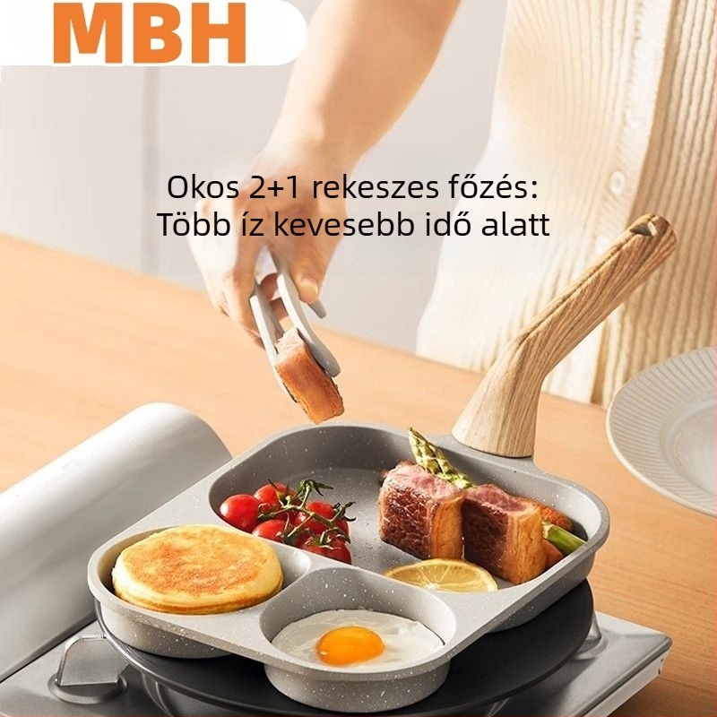 3 az 1-ben reggeliző serpenyő, több rekeszű belső résszel tojások, gombócok és steak számára; tapadásmentes, nagy kapacitású