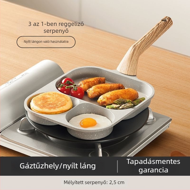 3 az 1-ben reggeliző serpenyő, több rekeszű belső résszel tojások, gombócok és steak számára; tapadásmentes, nagy kapacitású