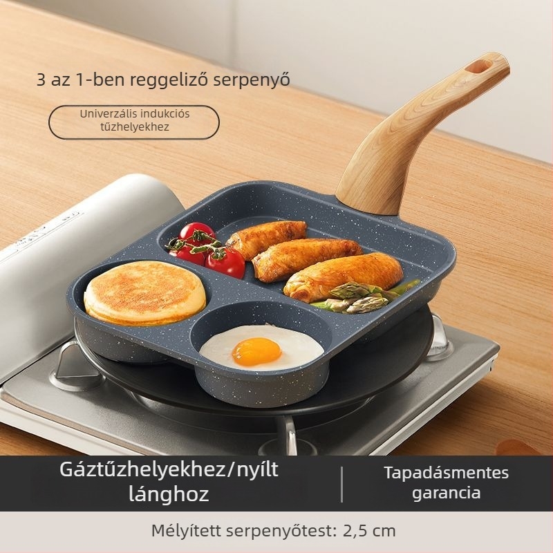 3 az 1-ben reggeliző serpenyő, több rekeszű belső résszel tojások, gombócok és steak számára; tapadásmentes, nagy kapacitású