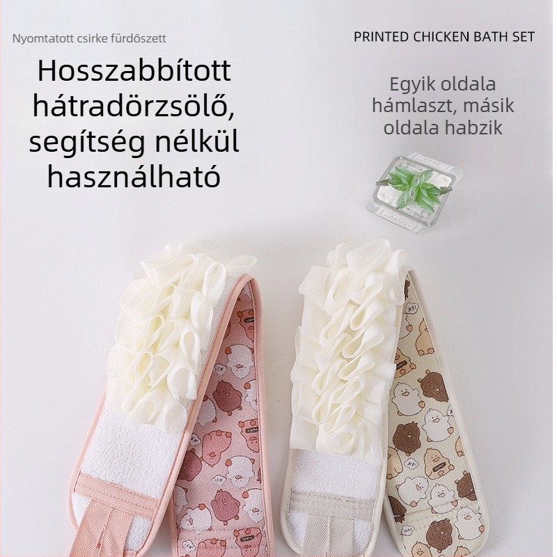 Kétoldalas hámlasztó törölköző, dörzsölő kesztyűvel és hátsó húzó szalaggal