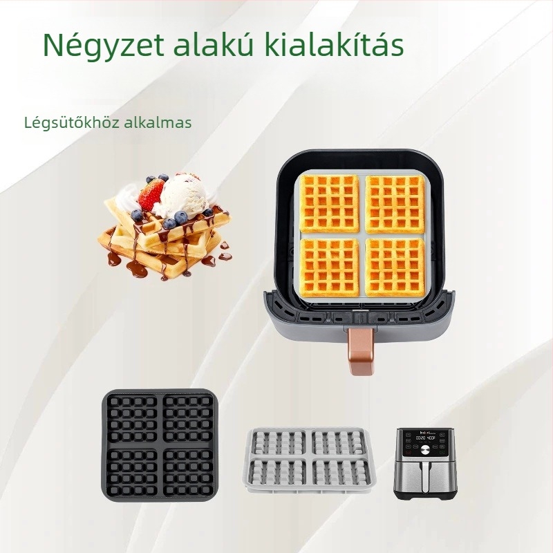 Légsütőhöz gofriforma és sütőedényekből álló készlet, négyszögletes tortaformákkal, nagy és kis méretek.