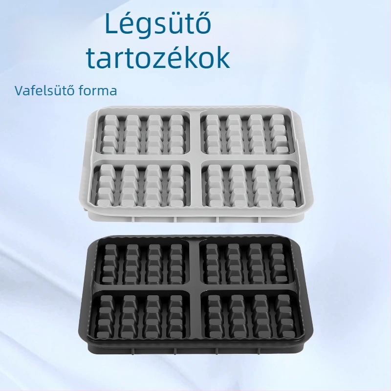 Légsütőhöz gofriforma és sütőedényekből álló készlet, négyszögletes tortaformákkal, nagy és kis méretek.