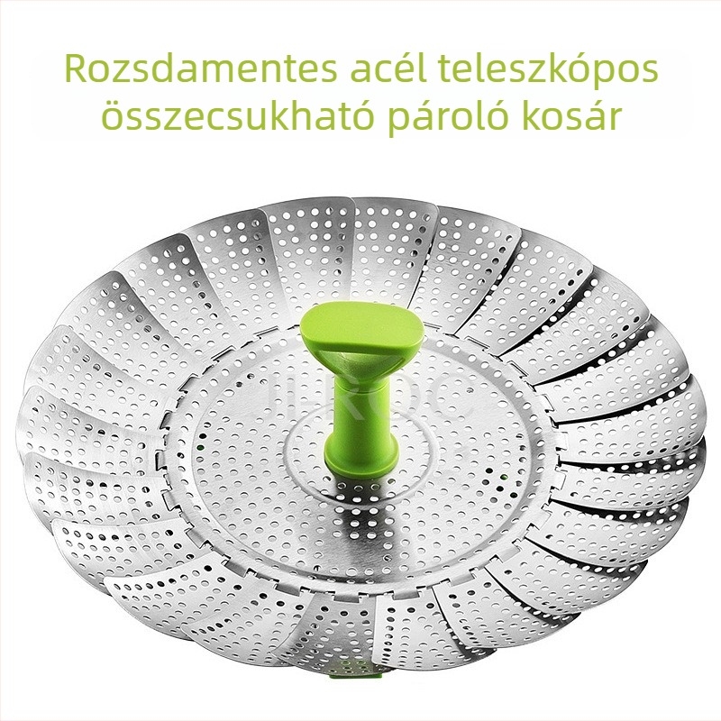 Rozsdamentes acél teleszkópos összecsukható gőzölő kosár lótusz mintával, 9–11 hüvelyk, leeresztő kosár