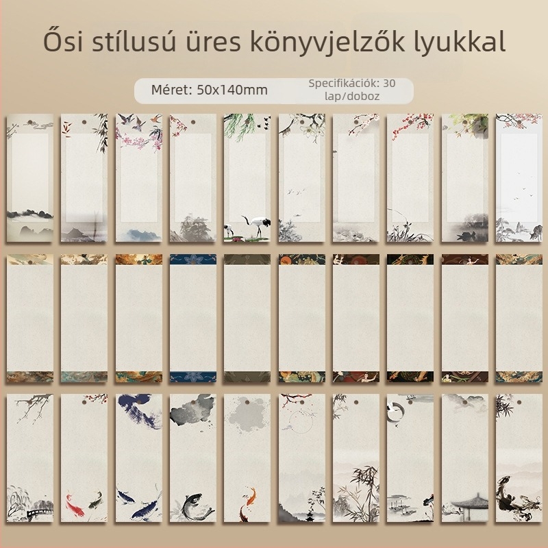 Üres könyvjelző, kézzel készített DIY füzérrel, antik stílus, vastag karton, batik rizspapíron, kézzel festett kaligráfia