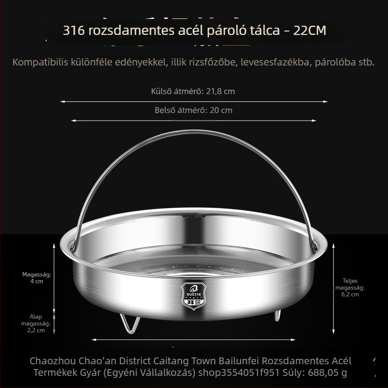 Megvastagodott ételminőségű gőzölő tál 316-os rozsdamentes acélból, rizsfőzőhöz, otthoni használatra, fogantyúval