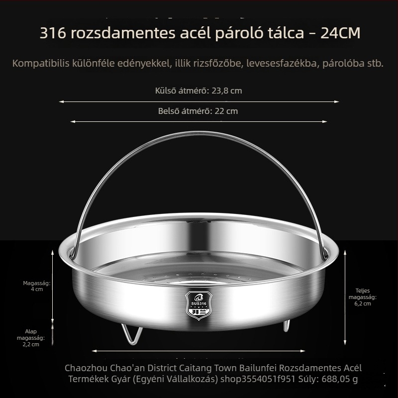 Megvastagodott ételminőségű gőzölő tál 316-os rozsdamentes acélból, rizsfőzőhöz, otthoni használatra, fogantyúval