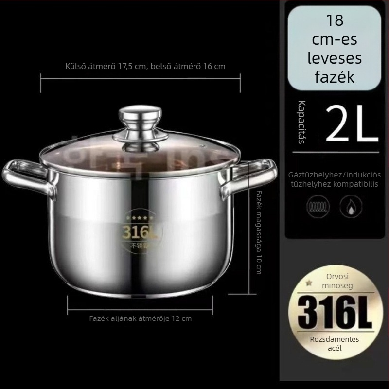 316 rozsdamentes acélból készült, extra vastag leveses fazék otthoni használatra — pároláshoz, zabkása főzéséhez, hot pot és gőzöléshez; kompatibilis gáztűzhellyel és indukciós főzőlappal