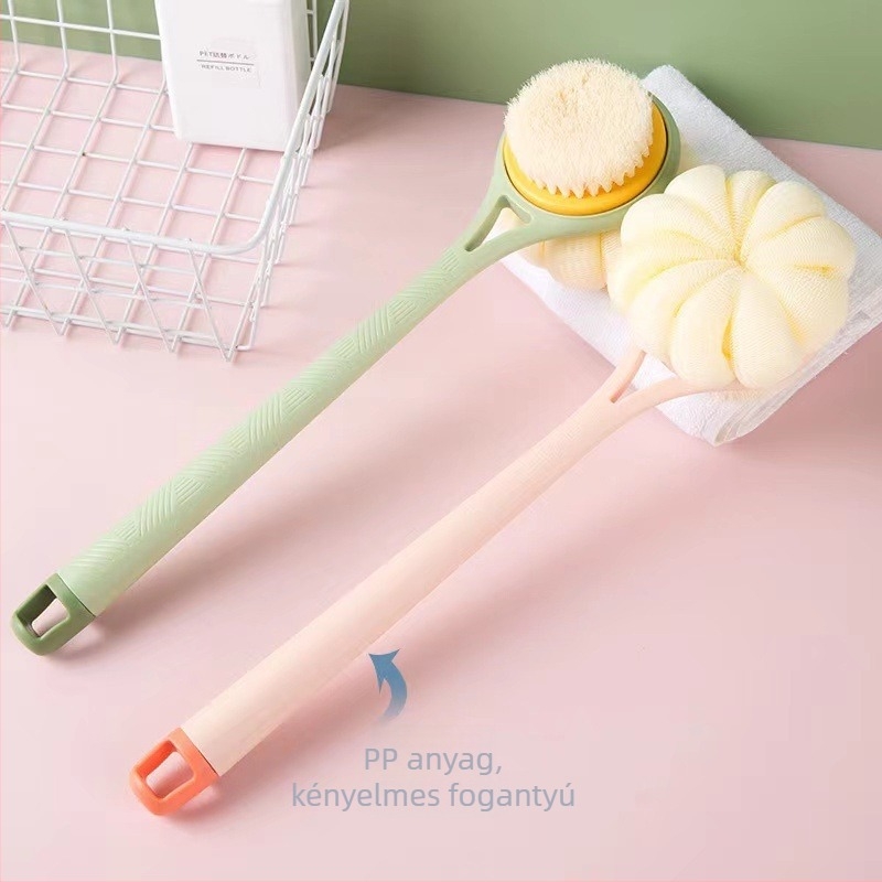 Hosszú nyelű, kétoldalas arc- és testtisztító kefe, puha nylon sörtékkel