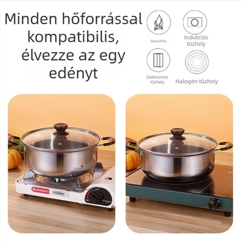 Fedővel ellátott rozsdamentes acél leveses edény, élelmiszer-minőség, vastagított kivitel, háztartási használatra, indukciós és gáztűzhelyekhez, kapacitás 2,1–3 L, anyaga 430 rozsdamentes acél