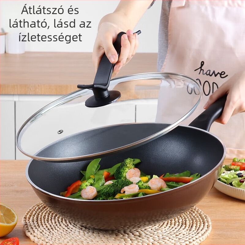 Konyhai üvegfedő wokhoz és levesesfazékhoz, átlátszó üveg, álló fogantyúval, hőálló