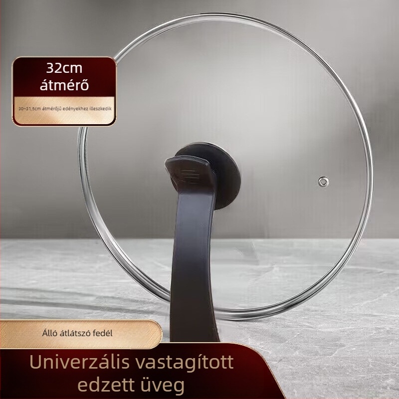 Konyhai üvegfedő wokhoz és levesesfazékhoz, átlátszó üveg, álló fogantyúval, hőálló