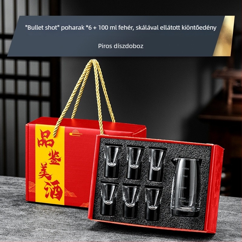 Baijiu pohár szett ajándék dobozban, golyó alakú kis poharakkal és graduált töltőedénnyel