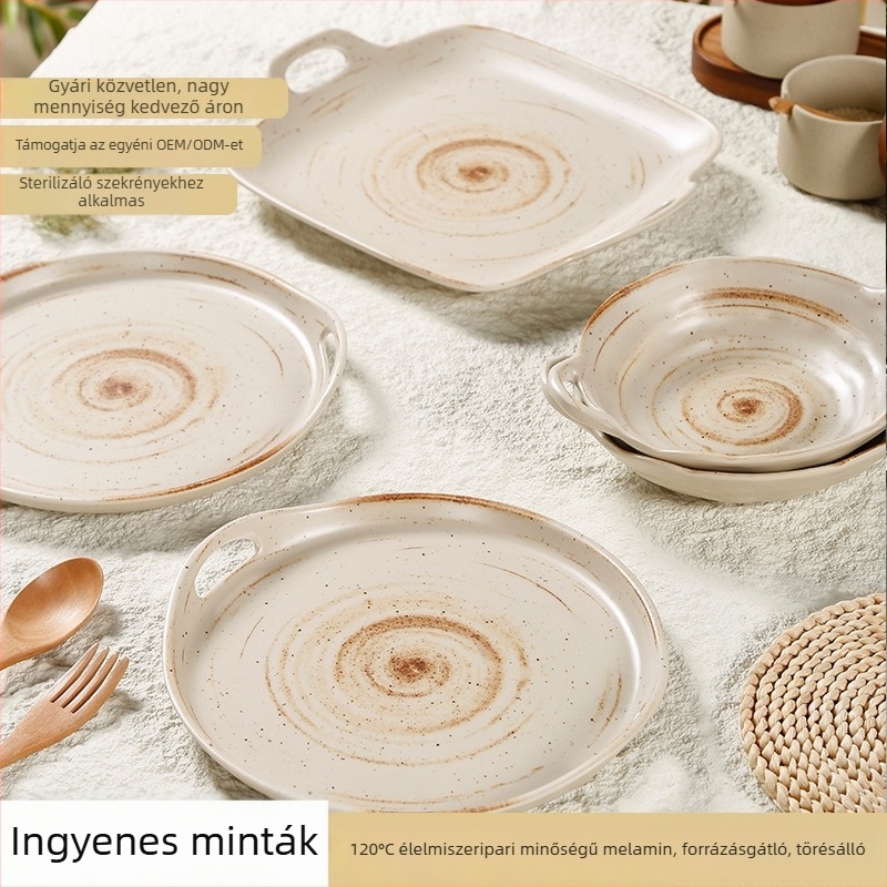 Kétfülű melamin tál, kis serpenyő-formájú tál japán és koreai BBQ-hoz, éttermi tálaló tányér, porcelán imitáció, nagykereskedelem