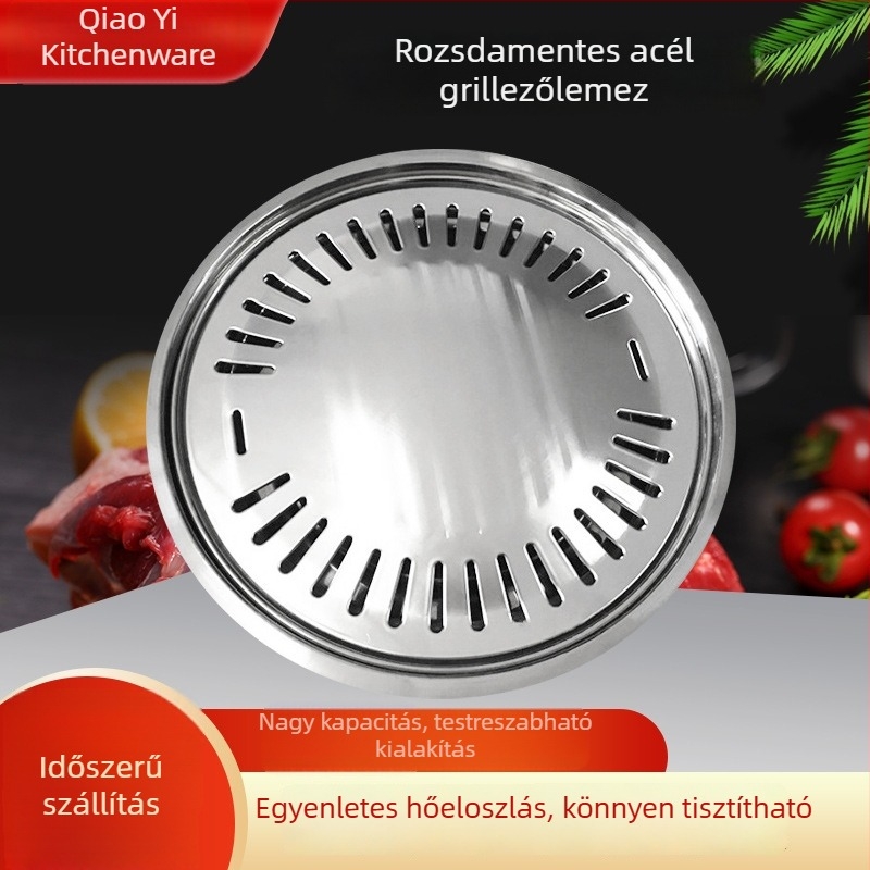 Koreai stílusú rozsdamentes acél barbecue serpenyő, kör alakú, kereskedelmi kategóriás vastított sütőlemez és szén grillrács