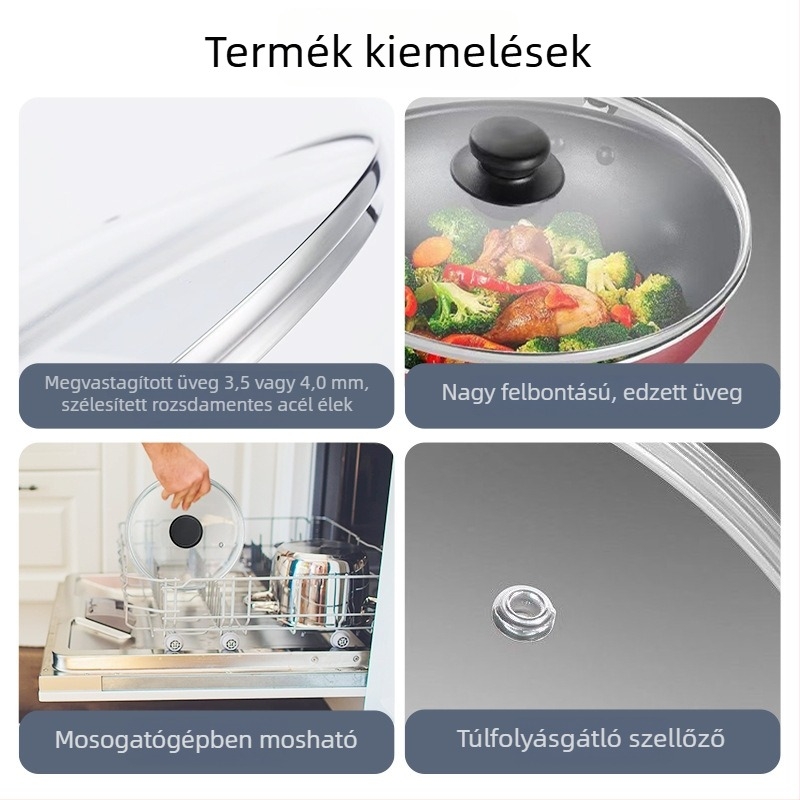 G-típusú edzett üvegfedél, átlátszó és vastított, otthoni párolóedényekhez, leveses fazékhoz, elektromos edényhez és kaszkolóhoz