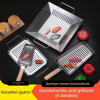Négy részes négyszögletes rozsdamentes acél grillserpenyő, perforált, vastagított - kültéri grillezéshez zöldségek